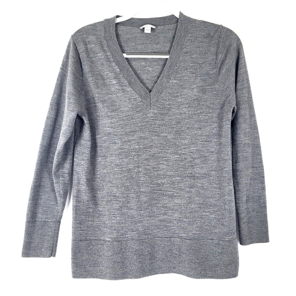 J Jill 100% Merino Wool V Neck Sweater Womens Small Gray Washable